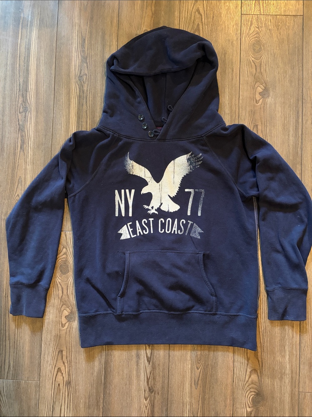 American Eagle Outfitters Navy Hoodie Sweater with White Graphic